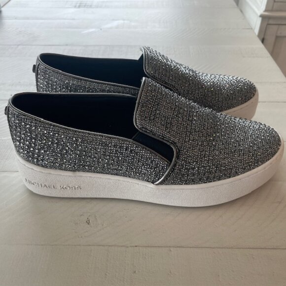 MICHAEL KORS TRENT GLITTER-CHAIN MESH SLIP-ON SNEAKERS BLACK/SILVER 6.5 M NWOB - Picture 3 of 11
